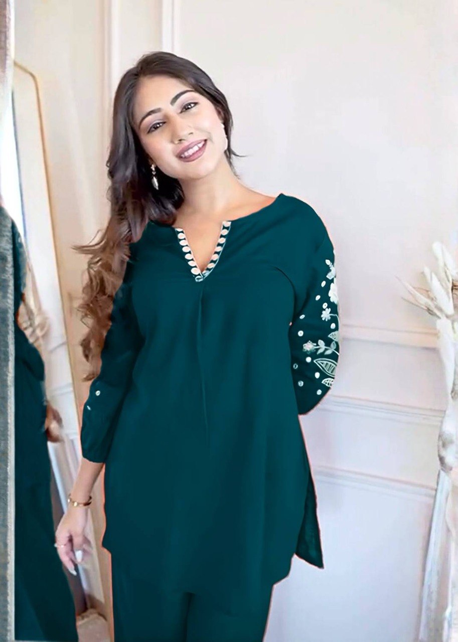 Women's Embroidered Viscose Rayon Co-Ord Set with Magic Slub Bottom