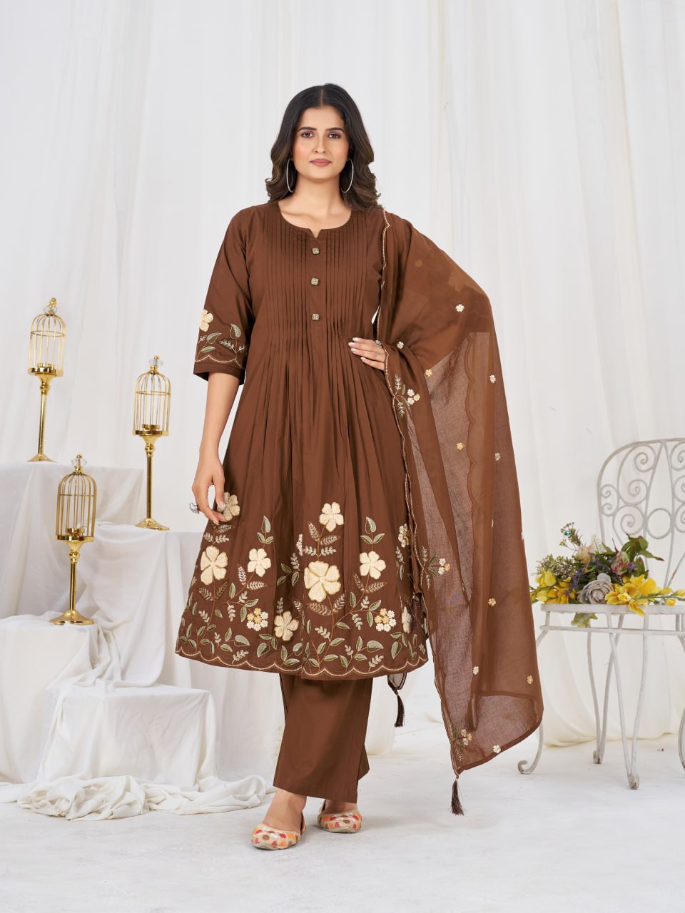 Pure Cotton Embroidered Anarkali Kurti Set with Palazzo Pant and Embroidered Dupatta