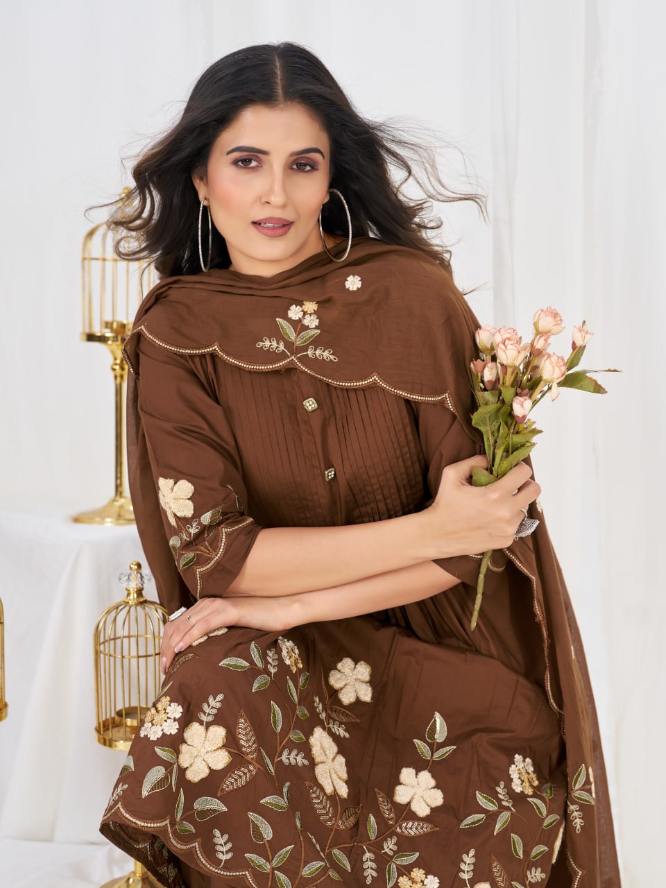 Pure Cotton Embroidered Anarkali Kurti Set with Palazzo Pant and Embroidered Dupatta