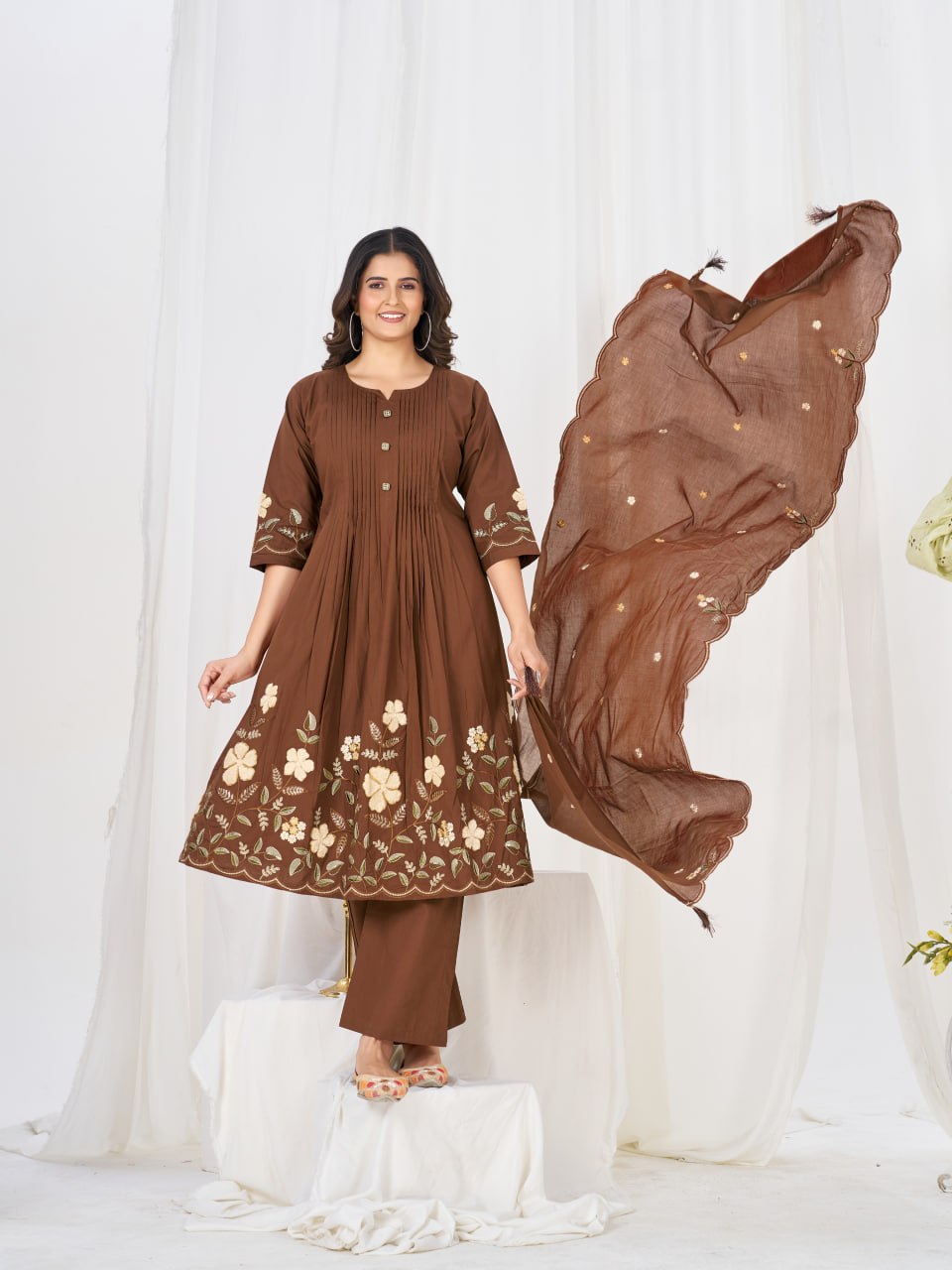 Pure Cotton Embroidered Anarkali Kurti Set with Palazzo Pant and Embroidered Dupatta