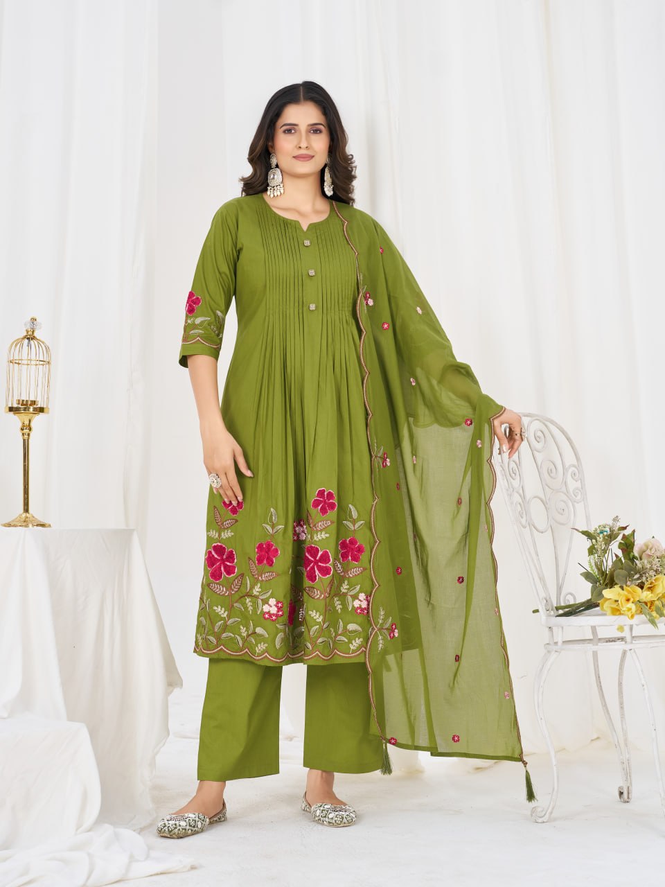 Pure Cotton Embroidered Anarkali Kurti Set with Palazzo Pant and Embroidered Dupatta