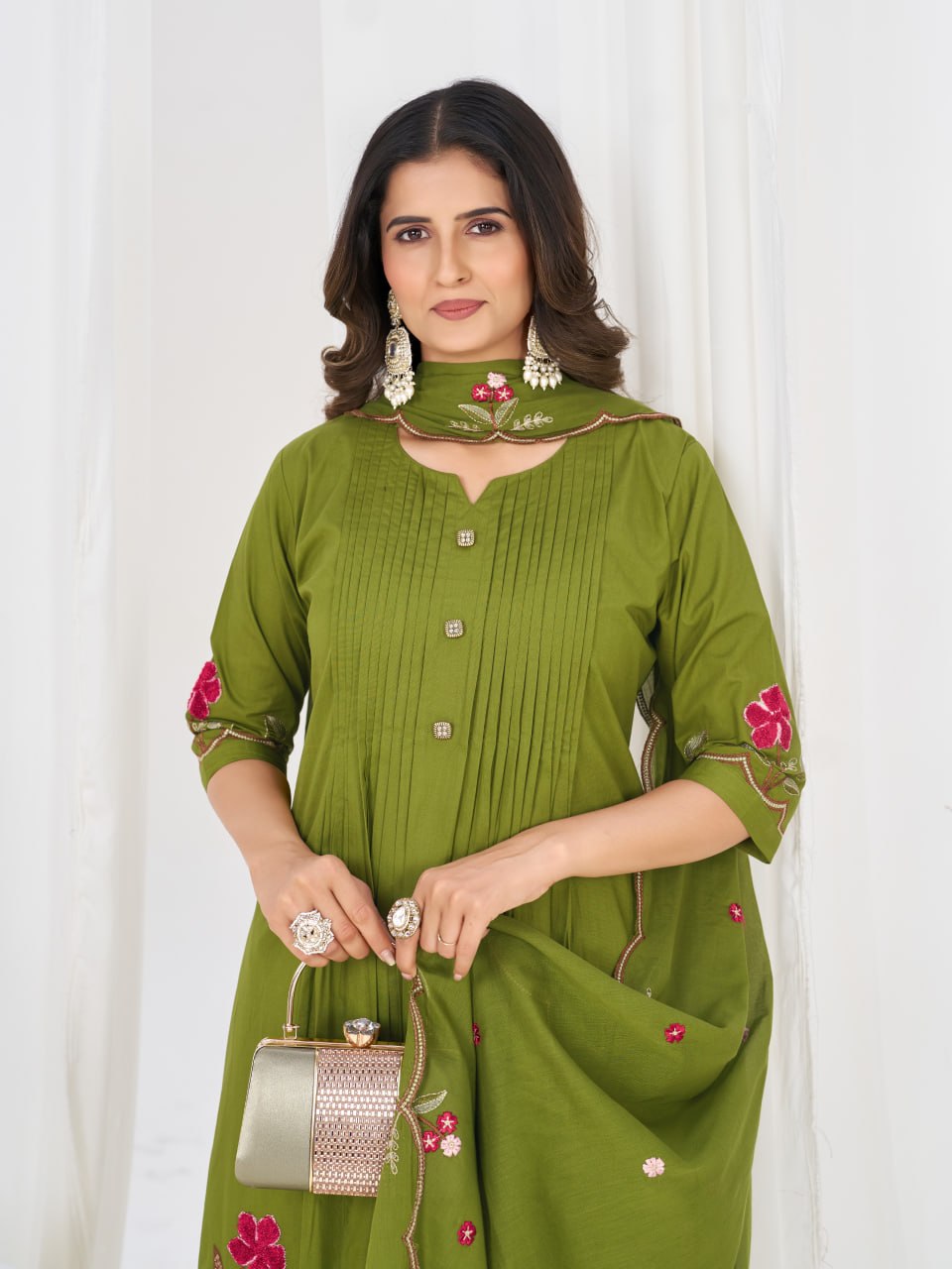 Pure Cotton Embroidered Anarkali Kurti Set with Palazzo Pant and Embroidered Dupatta