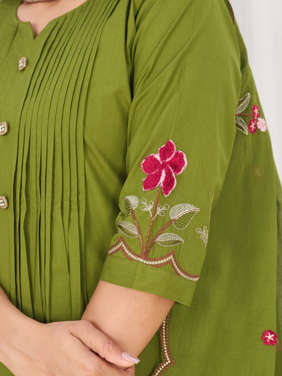 Pure Cotton Embroidered Anarkali Kurti Set with Palazzo Pant and Embroidered Dupatta