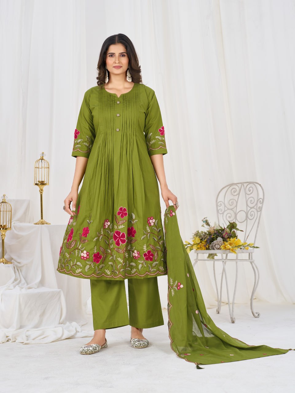 Pure Cotton Embroidered Anarkali Kurti Set with Palazzo Pant and Embroidered Dupatta