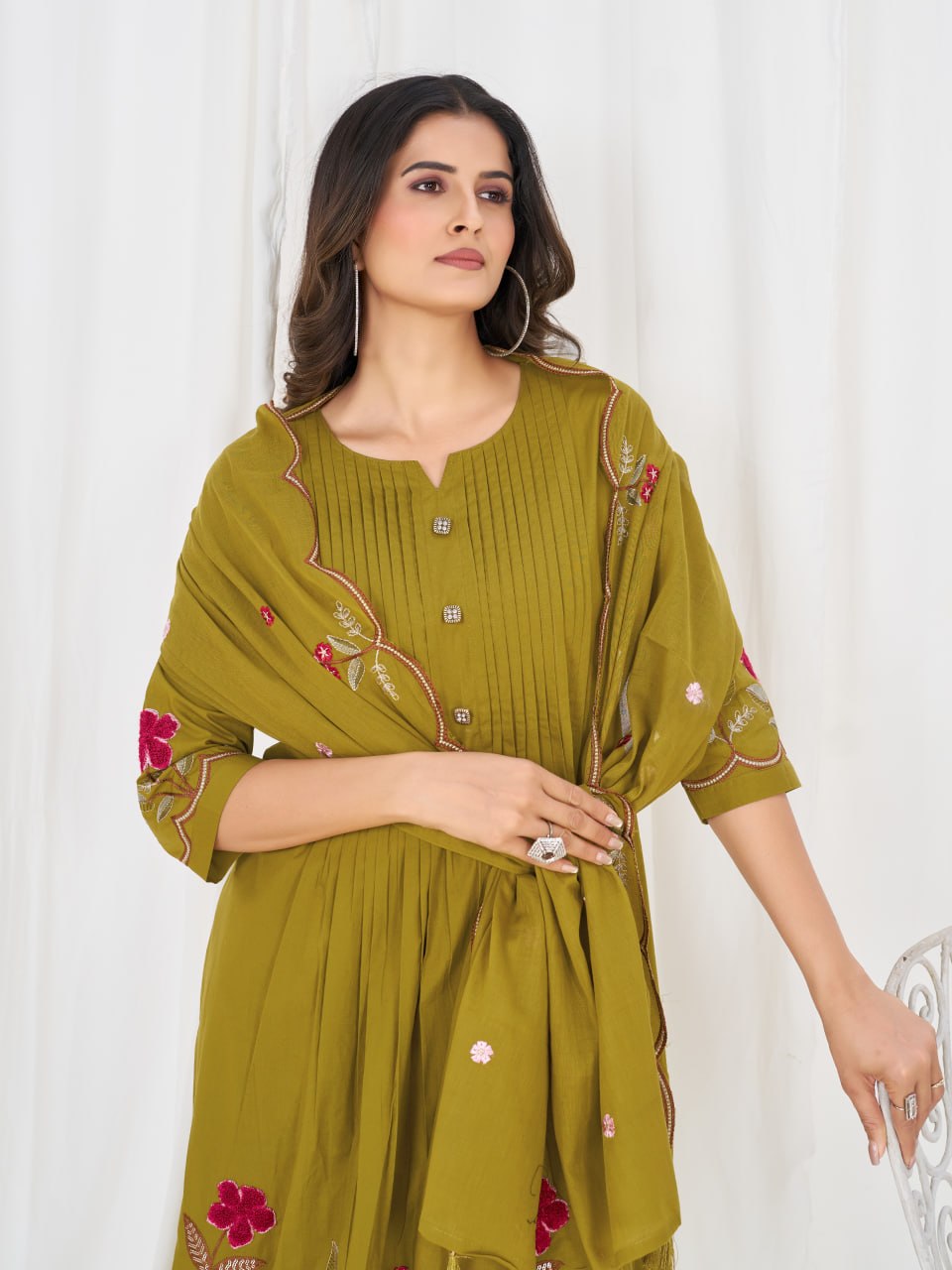 Pure Cotton Embroidered Anarkali Kurti Set with Palazzo Pant and Embroidered Dupatta