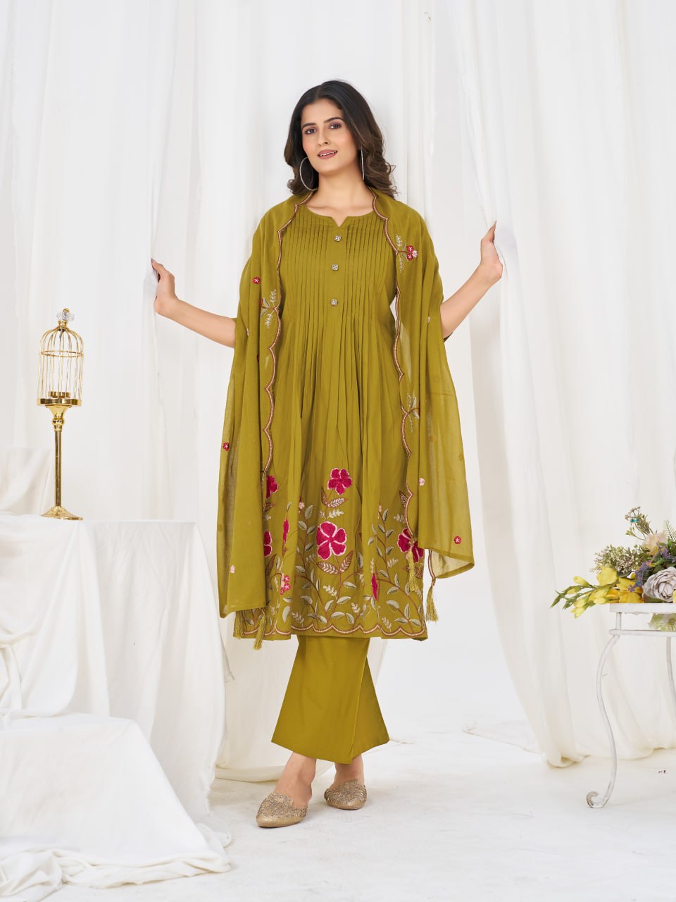 Pure Cotton Embroidered Anarkali Kurti Set with Palazzo Pant and Embroidered Dupatta