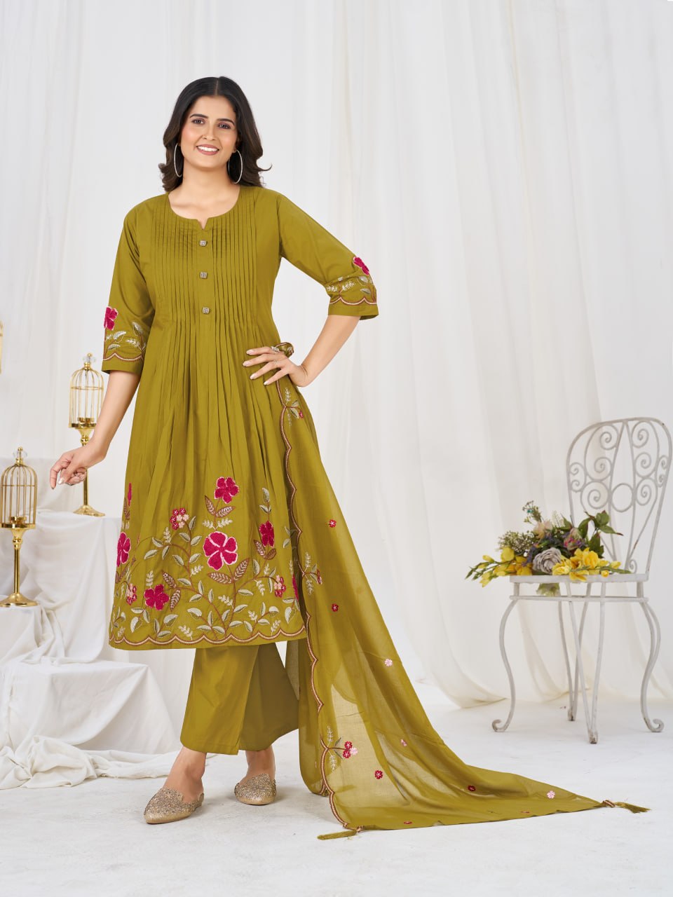 Pure Cotton Embroidered Anarkali Kurti Set with Palazzo Pant and Embroidered Dupatta