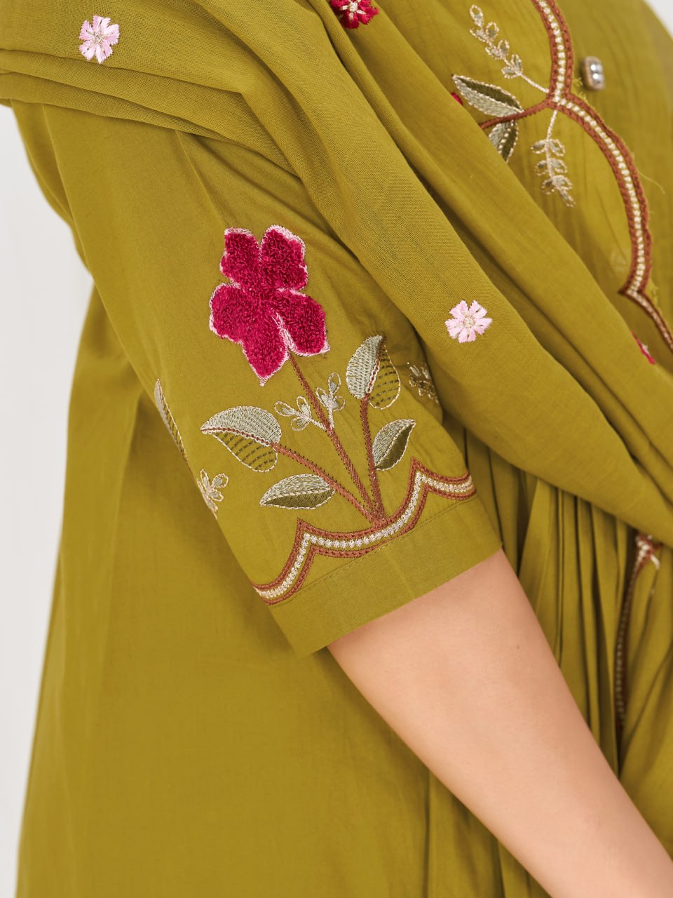 Pure Cotton Embroidered Anarkali Kurti Set with Palazzo Pant and Embroidered Dupatta