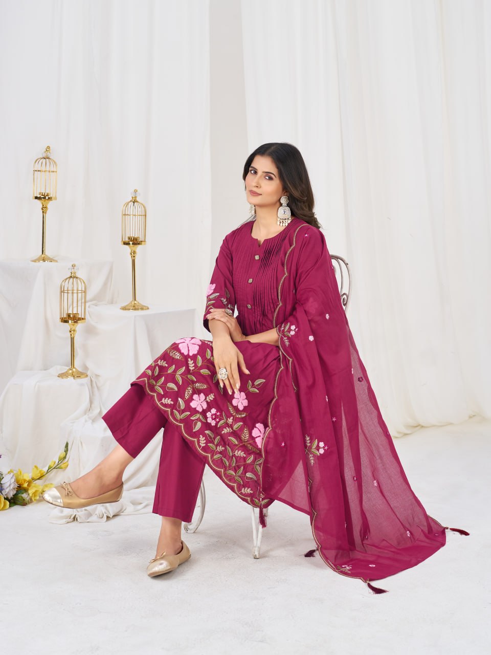 Pure Cotton Embroidered Anarkali Kurti Set with Palazzo Pant and Embroidered Dupatta