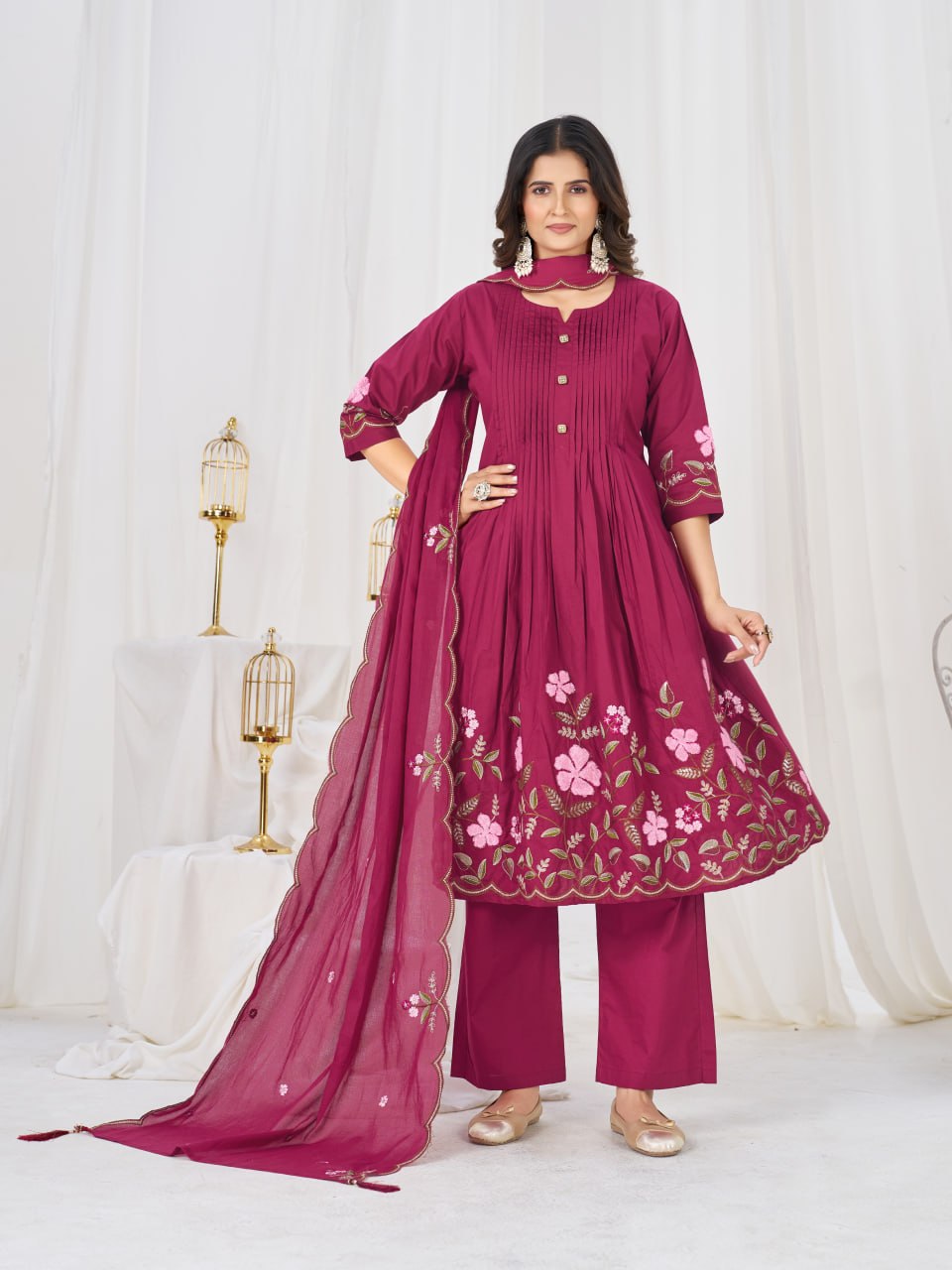 Pure Cotton Embroidered Anarkali Kurti Set with Palazzo Pant and Embroidered Dupatta