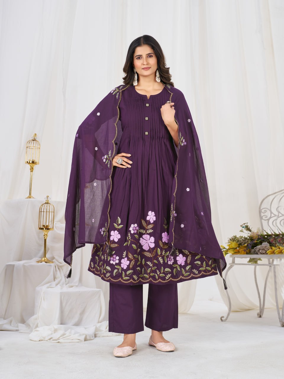 Pure Cotton Embroidered Anarkali Kurti Set with Palazzo Pant and Embroidered Dupatta