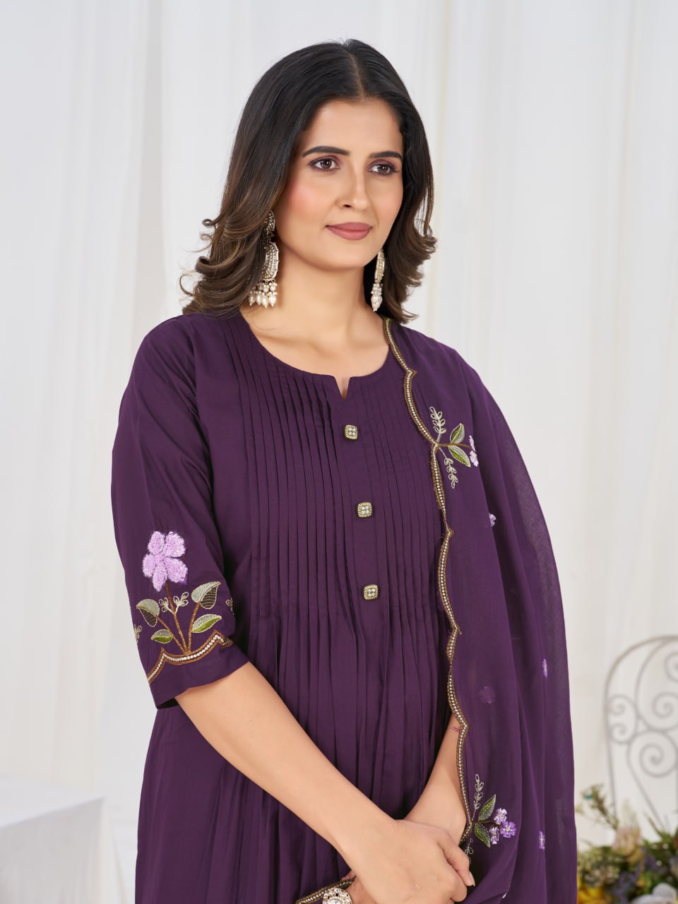 Pure Cotton Embroidered Anarkali Kurti Set with Palazzo Pant and Embroidered Dupatta