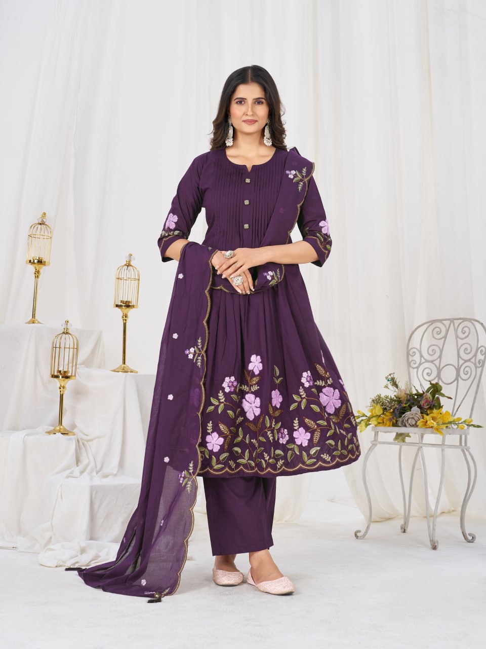 Pure Cotton Embroidered Anarkali Kurti Set with Palazzo Pant and Embroidered Dupatta
