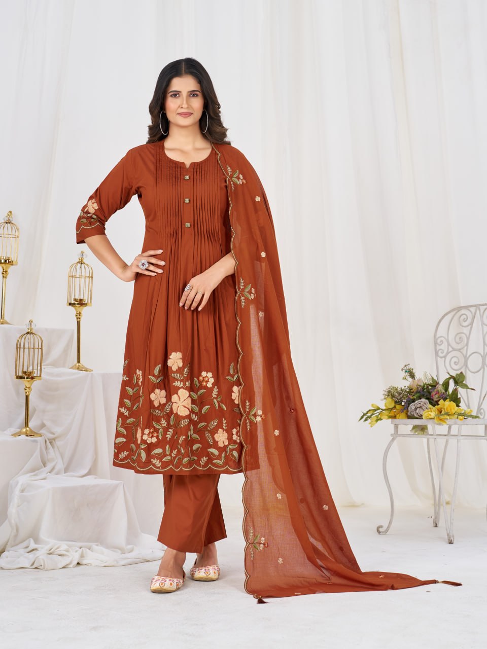 Pure Cotton Embroidered Anarkali Kurti Set with Palazzo Pant and Embroidered Dupatta