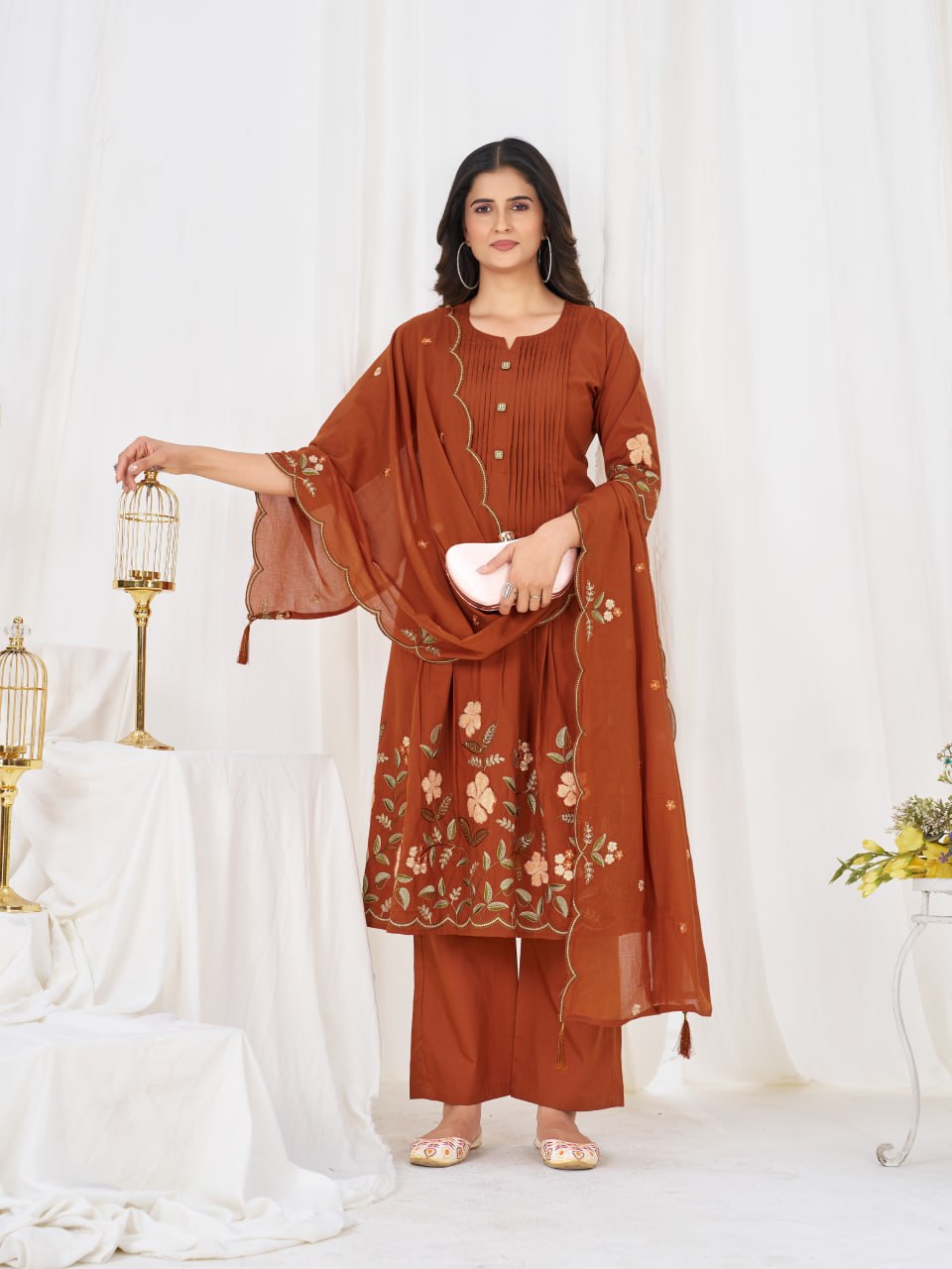 Pure Cotton Embroidered Anarkali Kurti Set with Palazzo Pant and Embroidered Dupatta