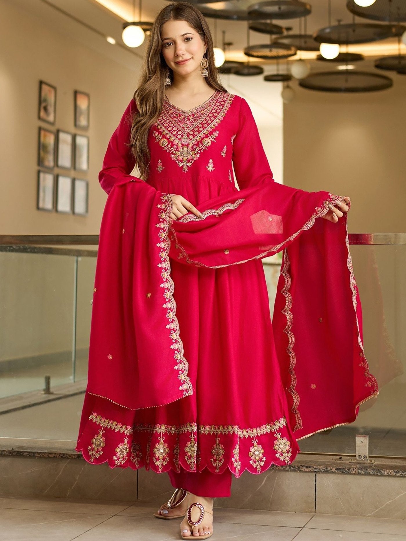Women's Embroidered Vichitra Anarkali Pant Set with Dupatta
