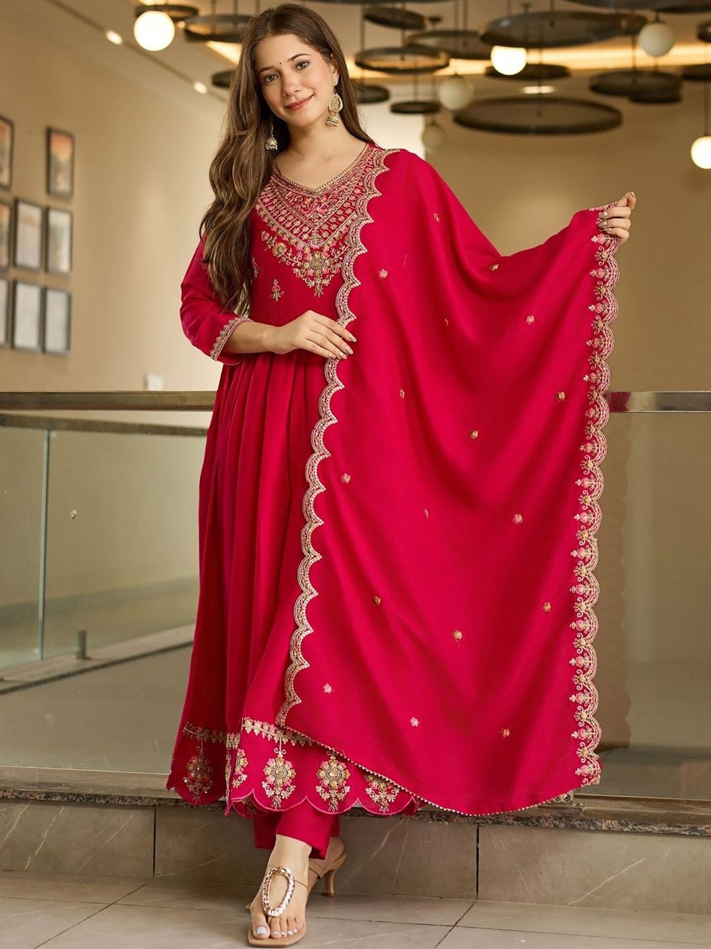 Women's Embroidered Vichitra Anarkali Pant Set with Dupatta