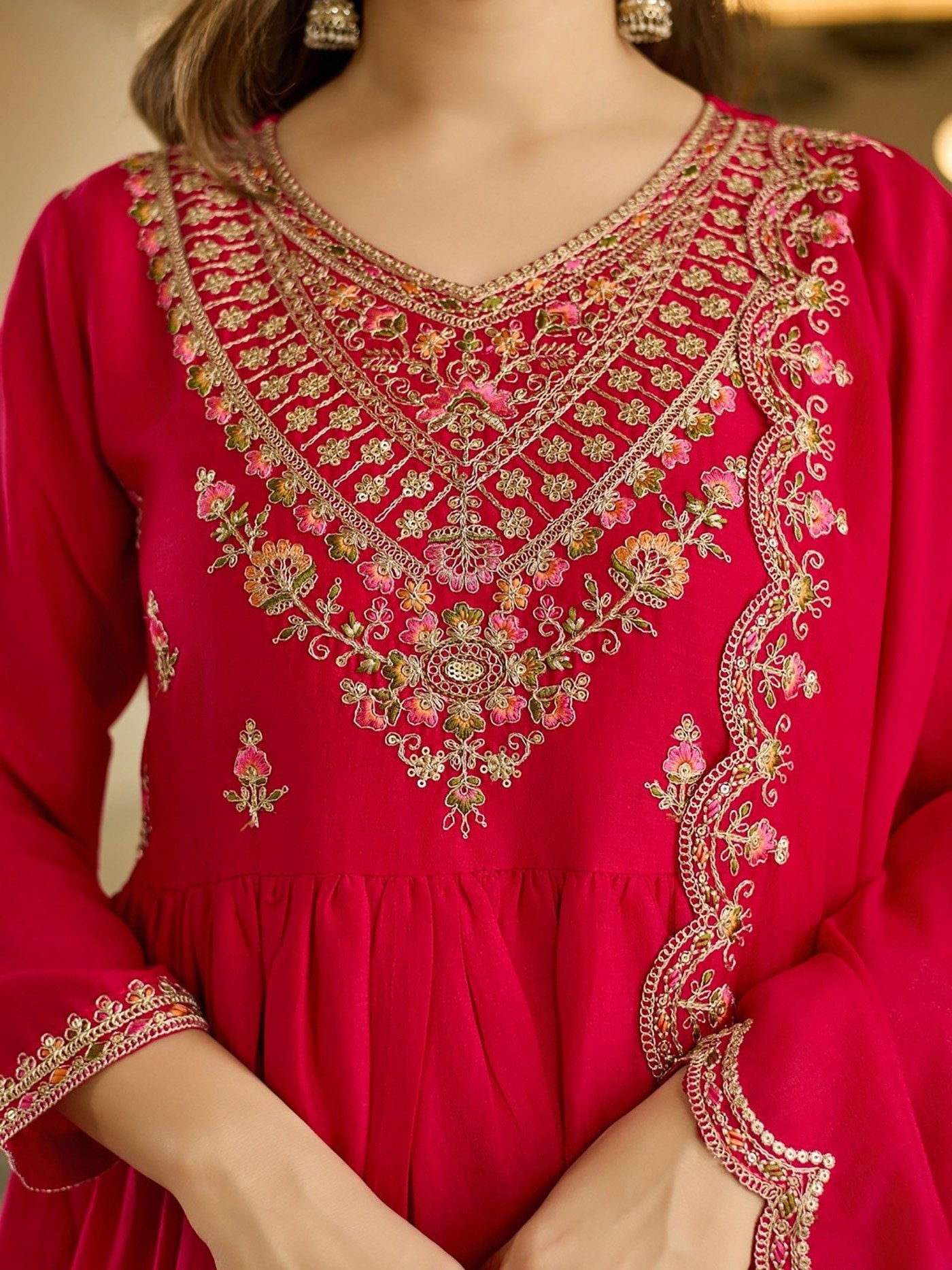 Women's Embroidered Vichitra Anarkali Pant Set with Dupatta