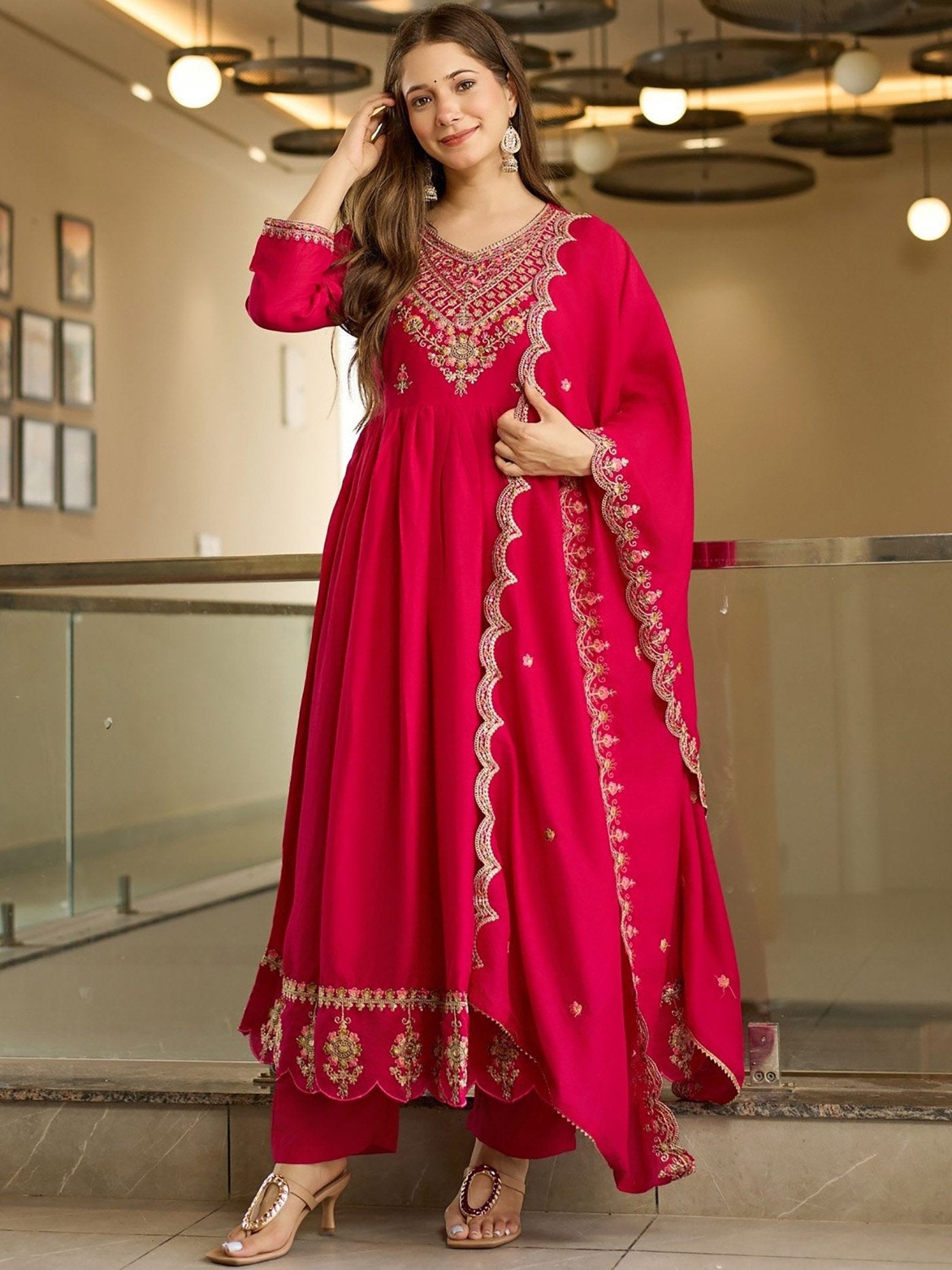 Women's Embroidered Vichitra Anarkali Pant Set with Dupatta