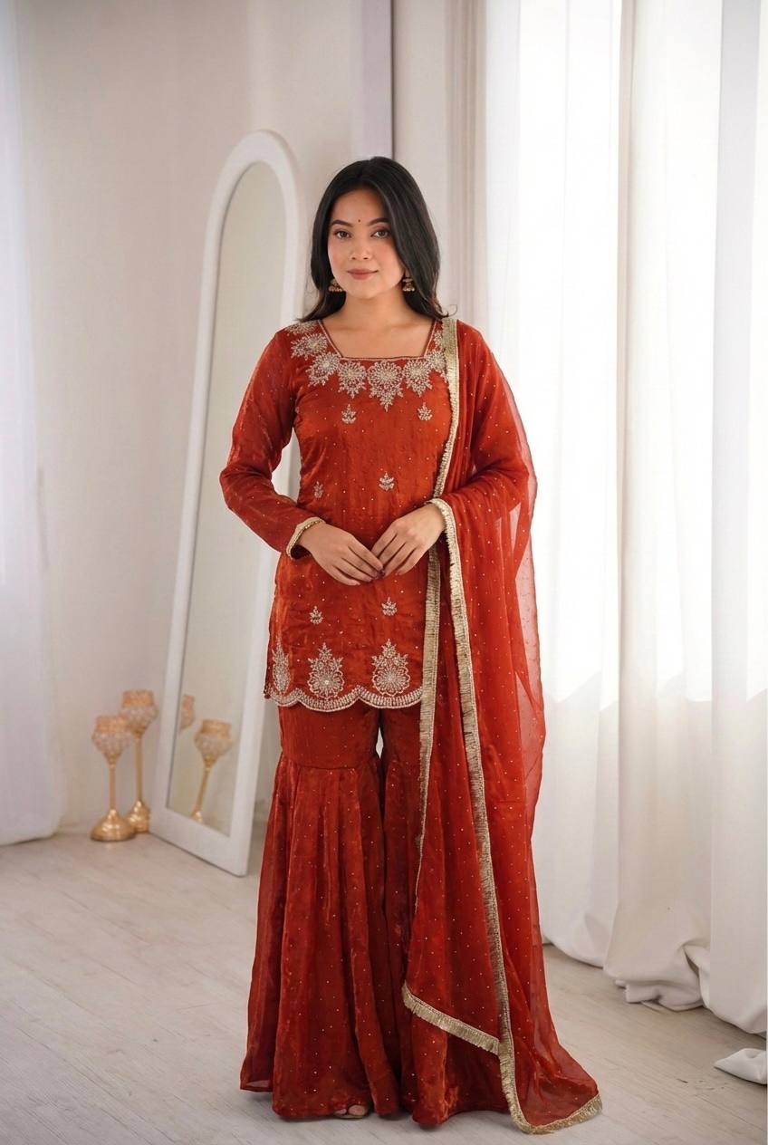 Women's Fendy Silk Embroidered Sharara Palazzo Set with Zarkan Diamond Work Dupatta