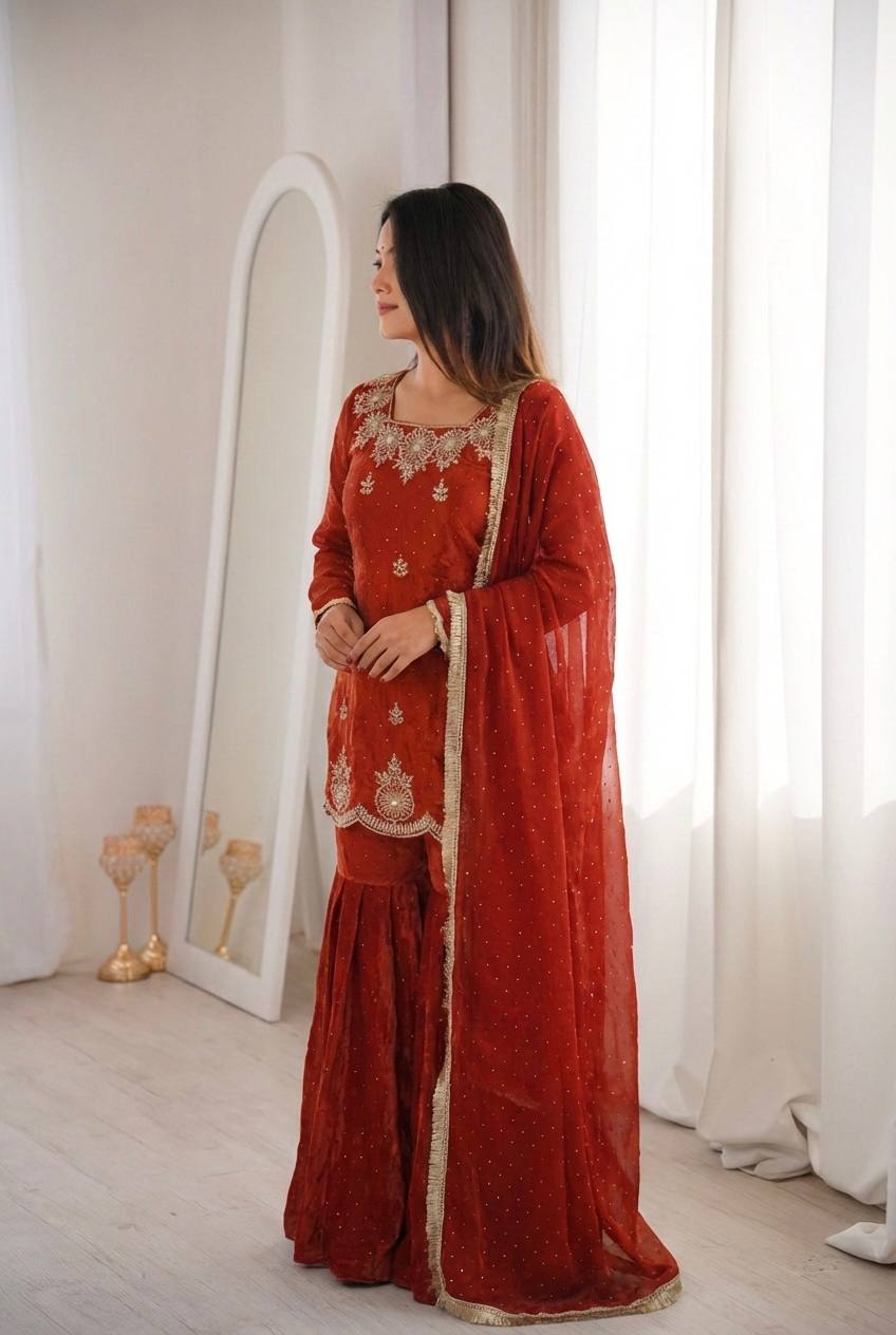 Women's Fendy Silk Embroidered Sharara Palazzo Set with Zarkan Diamond Work Dupatta