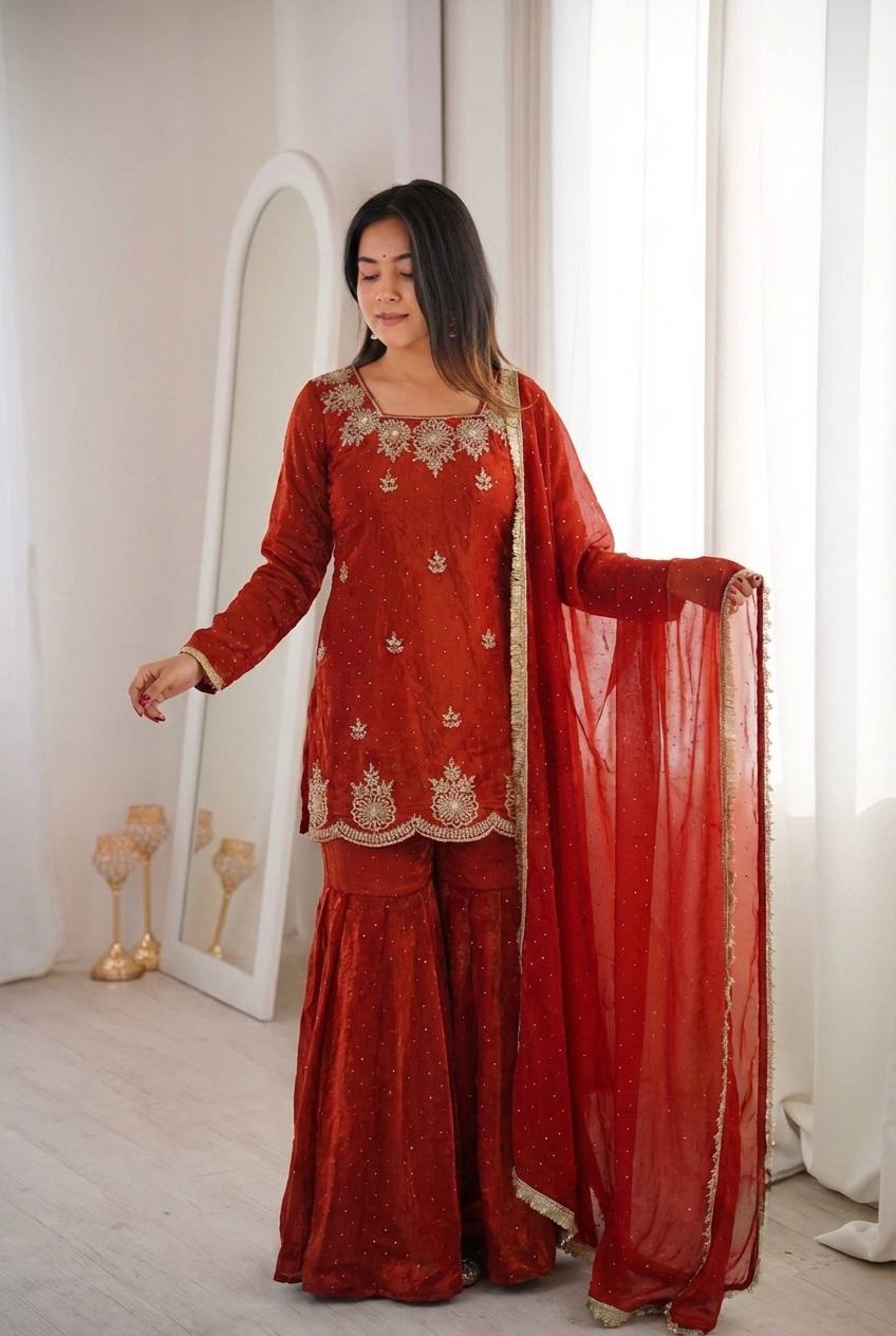 Women's Fendy Silk Embroidered Sharara Palazzo Set with Zarkan Diamond Work Dupatta