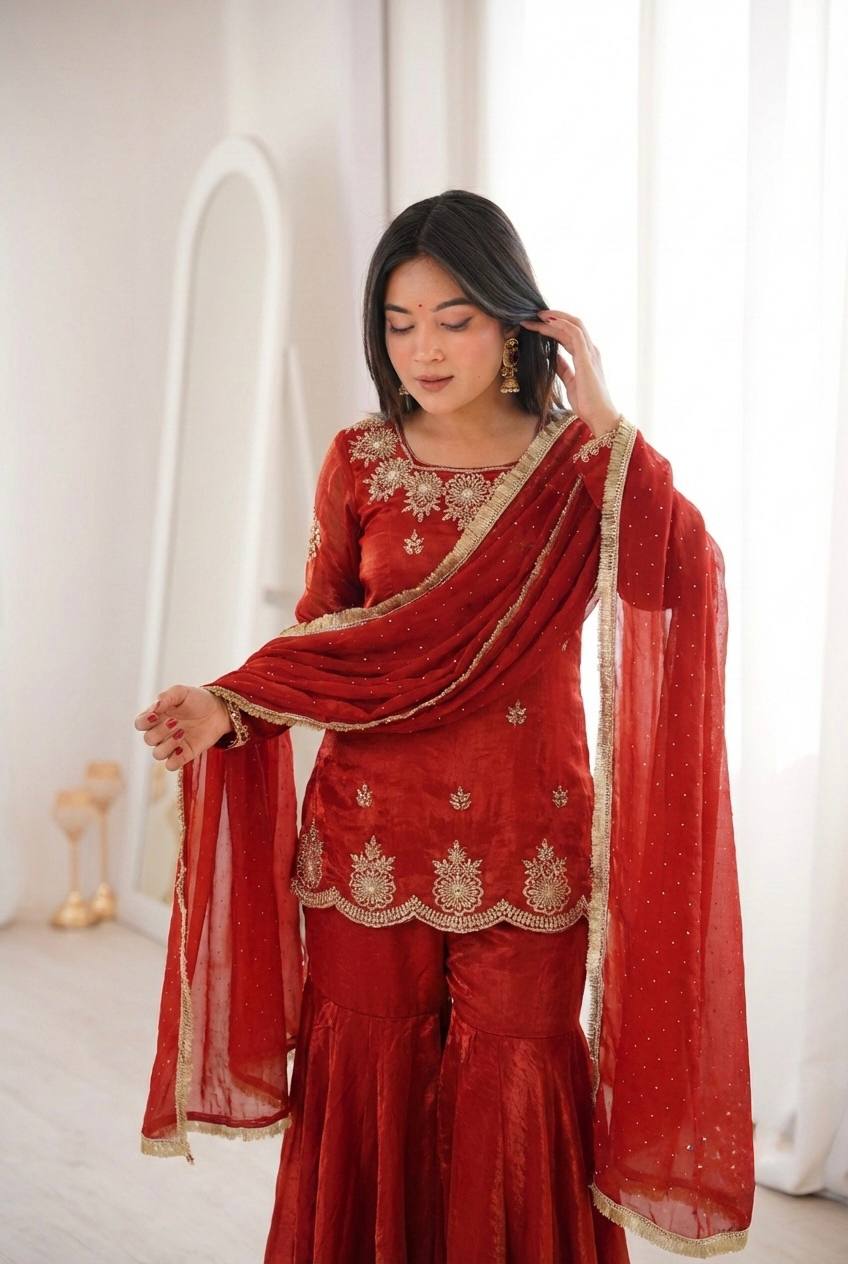 Women's Fendy Silk Embroidered Sharara Palazzo Set with Zarkan Diamond Work Dupatta
