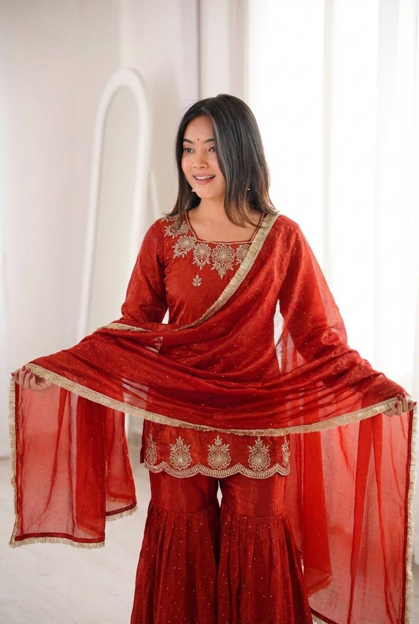 Women's Fendy Silk Embroidered Sharara Palazzo Set with Zarkan Diamond Work Dupatta