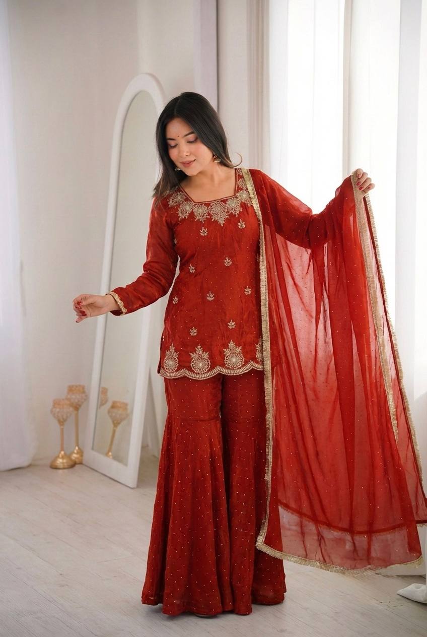 Women's Fendy Silk Embroidered Sharara Palazzo Set with Zarkan Diamond Work Dupatta