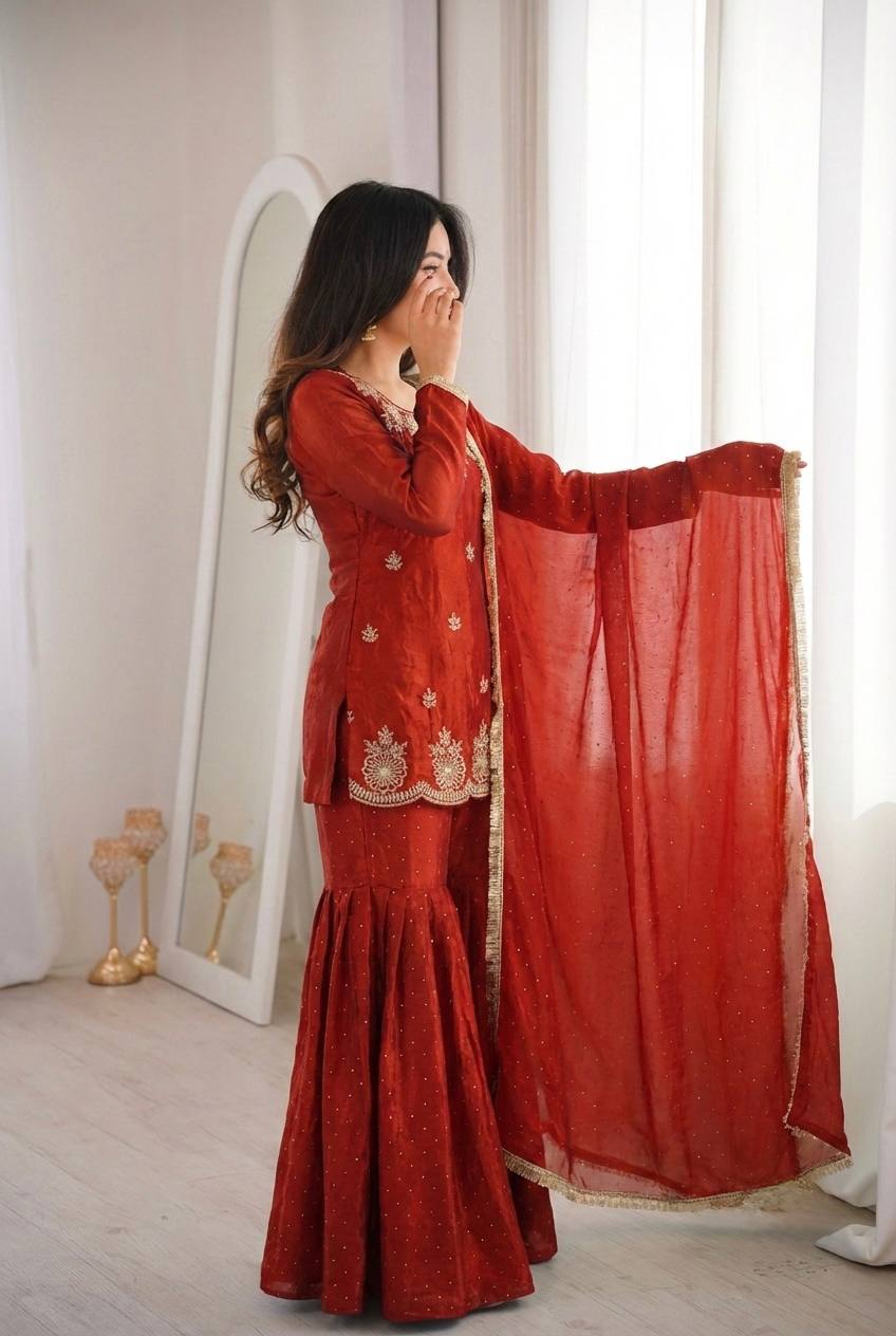 Women's Fendy Silk Embroidered Sharara Palazzo Set with Zarkan Diamond Work Dupatta