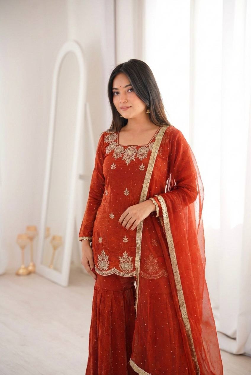 Women's Fendy Silk Embroidered Sharara Palazzo Set with Zarkan Diamond Work Dupatta
