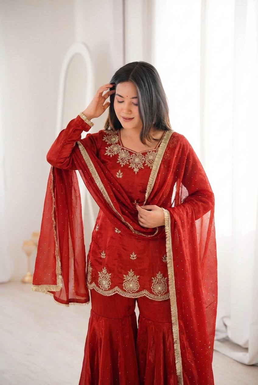 Women's Fendy Silk Embroidered Sharara Palazzo Set with Zarkan Diamond Work Dupatta