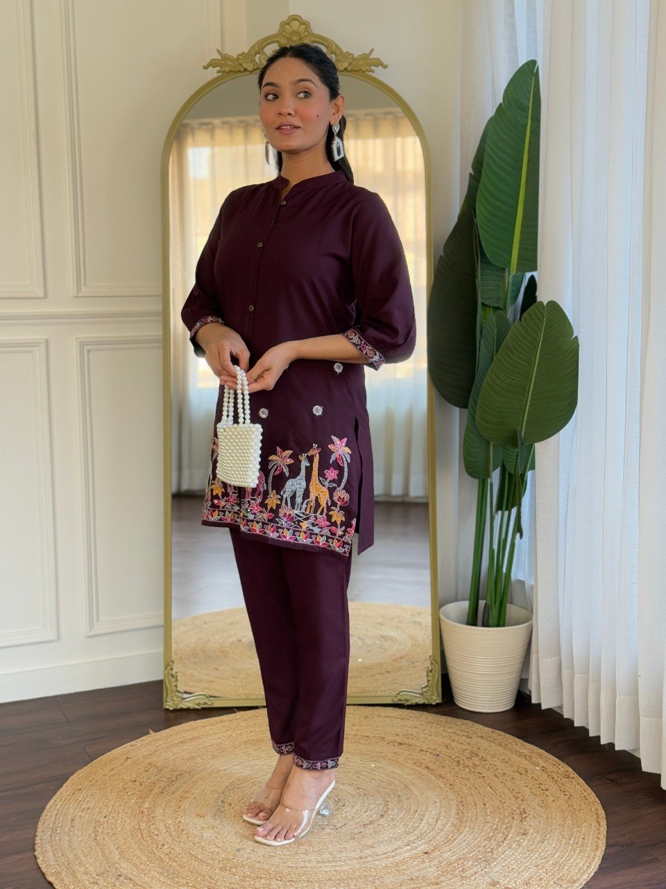 Women's Wine Embroidered Viscose Rayon Co-Ord Set with Kurta and Bottom