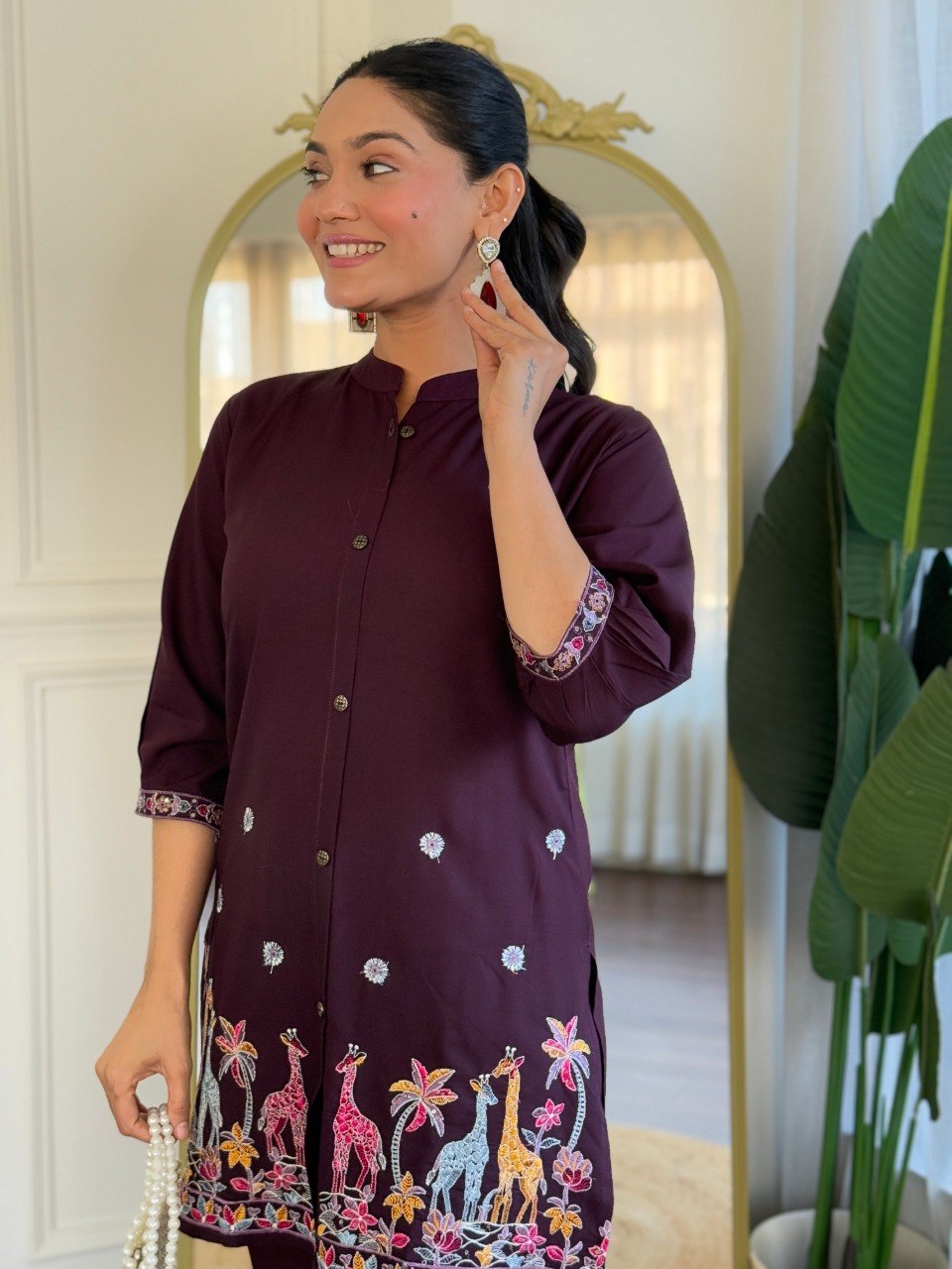 Women's Wine Embroidered Viscose Rayon Co-Ord Set with Kurta and Bottom