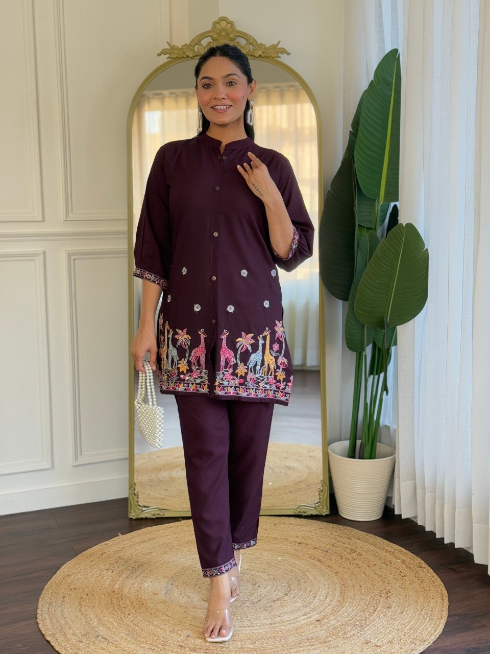 Women's Wine Embroidered Viscose Rayon Co-Ord Set with Kurta and Bottom