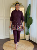 Women's Wine Embroidered Viscose Rayon Co-Ord Set with Kurta and Bottom
