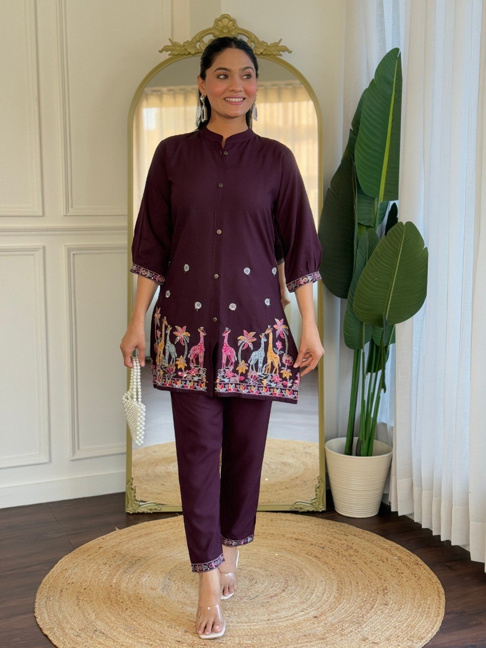 Women's Wine Embroidered Viscose Rayon Co-Ord Set with Kurta and Bottom