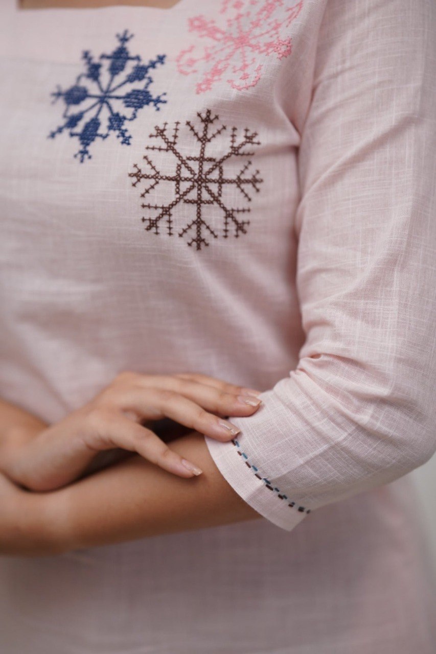 Women's Light Pink Embroidered Cotton Blend Co-Ord Set with Kurta and Bottom