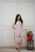 Women's Light Pink Embroidered Cotton Blend Co-Ord Set with Kurta and Bottom