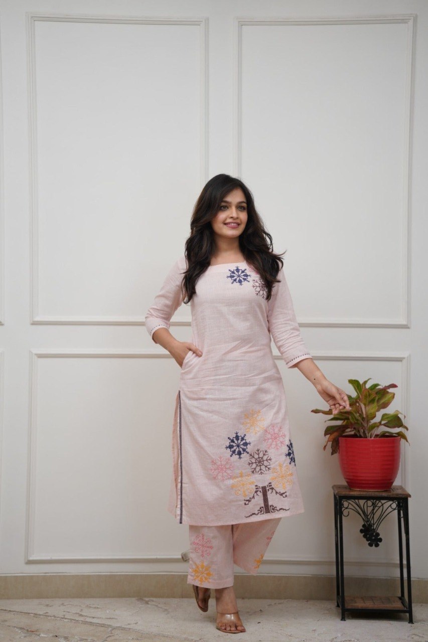 Women's Light Pink Embroidered Cotton Blend Co-Ord Set with Kurta and Bottom