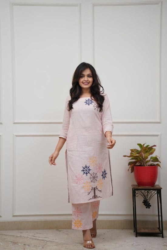 Women's Light Pink Embroidered Cotton Blend Co-Ord Set with Kurta and Bottom