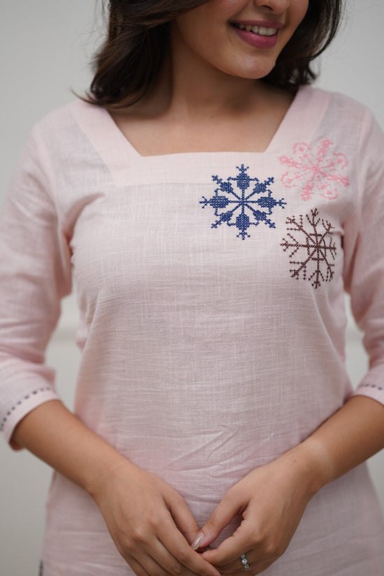 Women's Light Pink Embroidered Cotton Blend Co-Ord Set with Kurta and Bottom