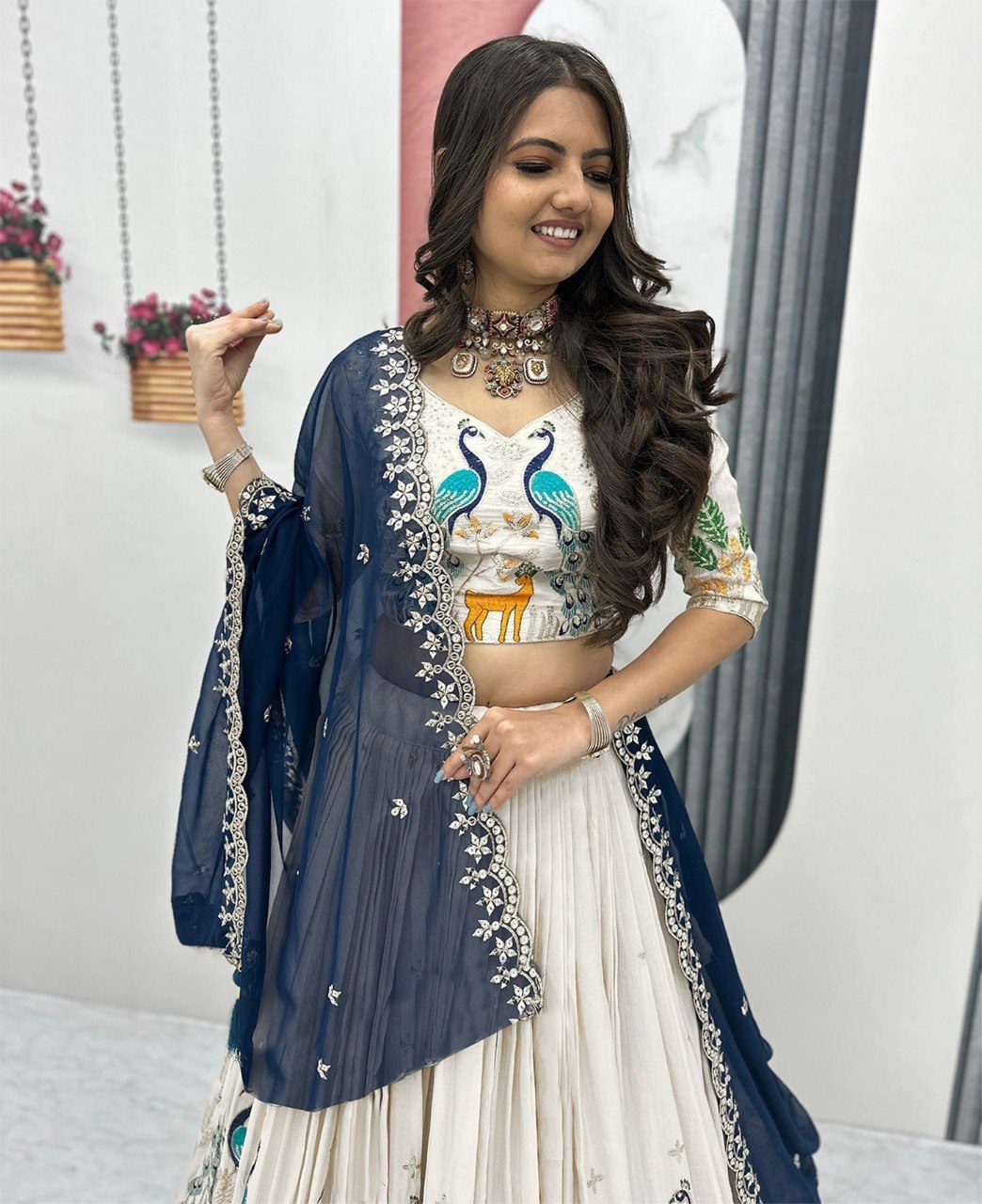 Women's White Chinon Embroidered Semi-Stitched Lehenga Choli with Georgette Dupatta