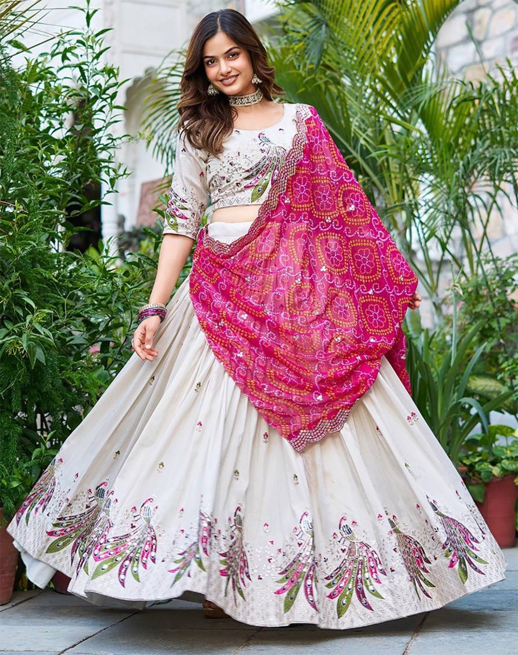 Women's White Chinon Embroidered Semi-Stitched Lehenga Choli with Georgette Dupatta