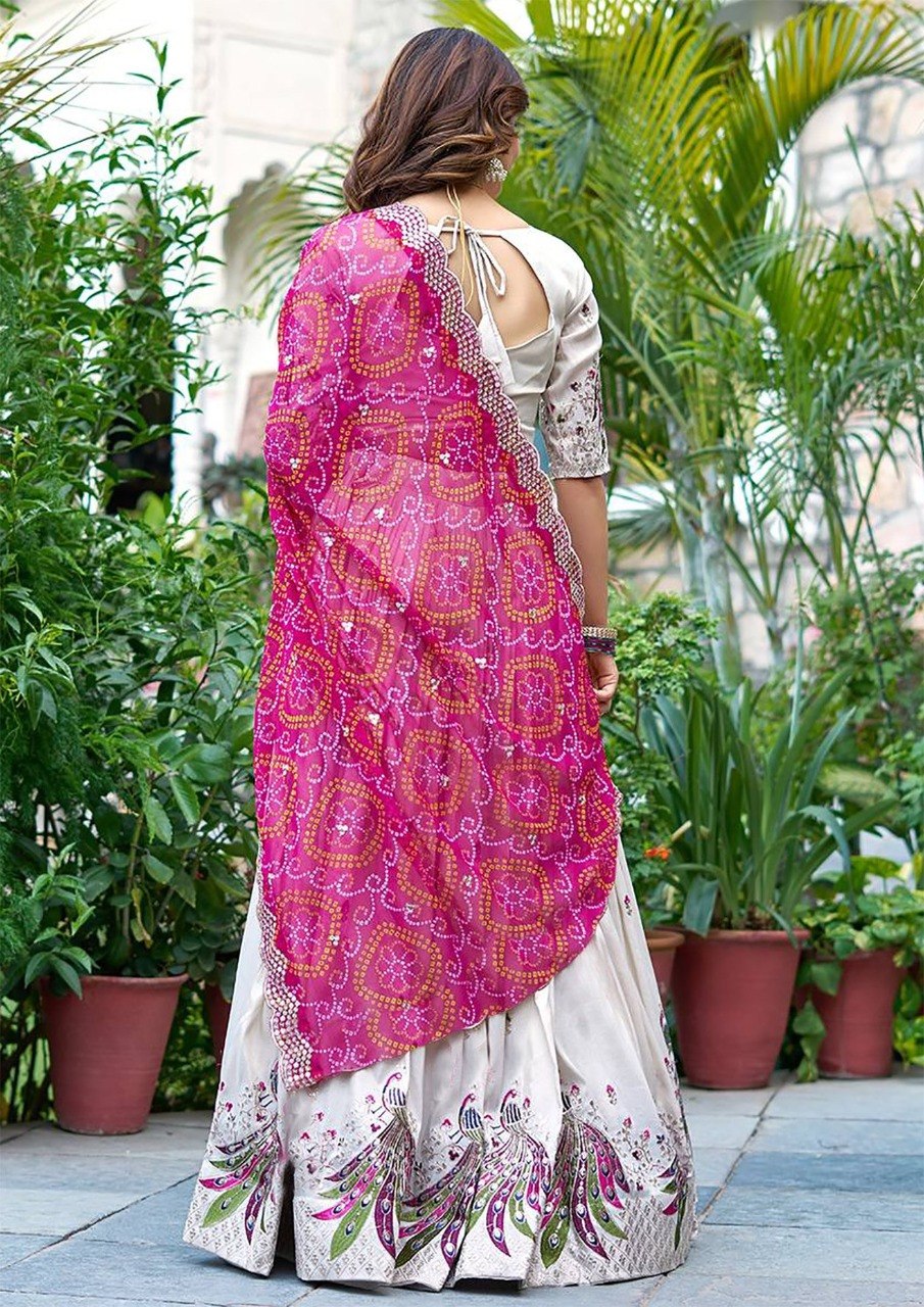 Women's White Chinon Embroidered Semi-Stitched Lehenga Choli with Georgette Dupatta