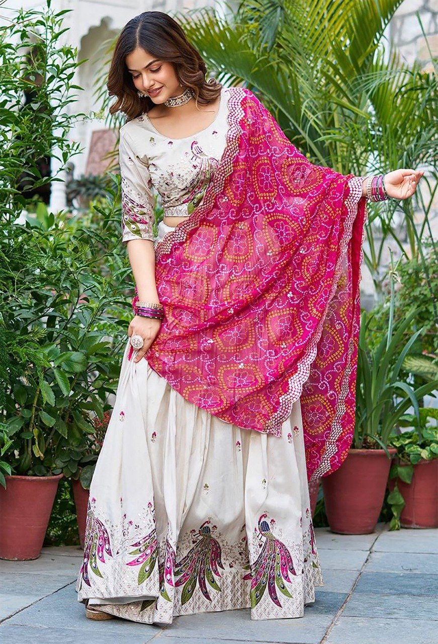 Women's White Chinon Embroidered Semi-Stitched Lehenga Choli with Georgette Dupatta