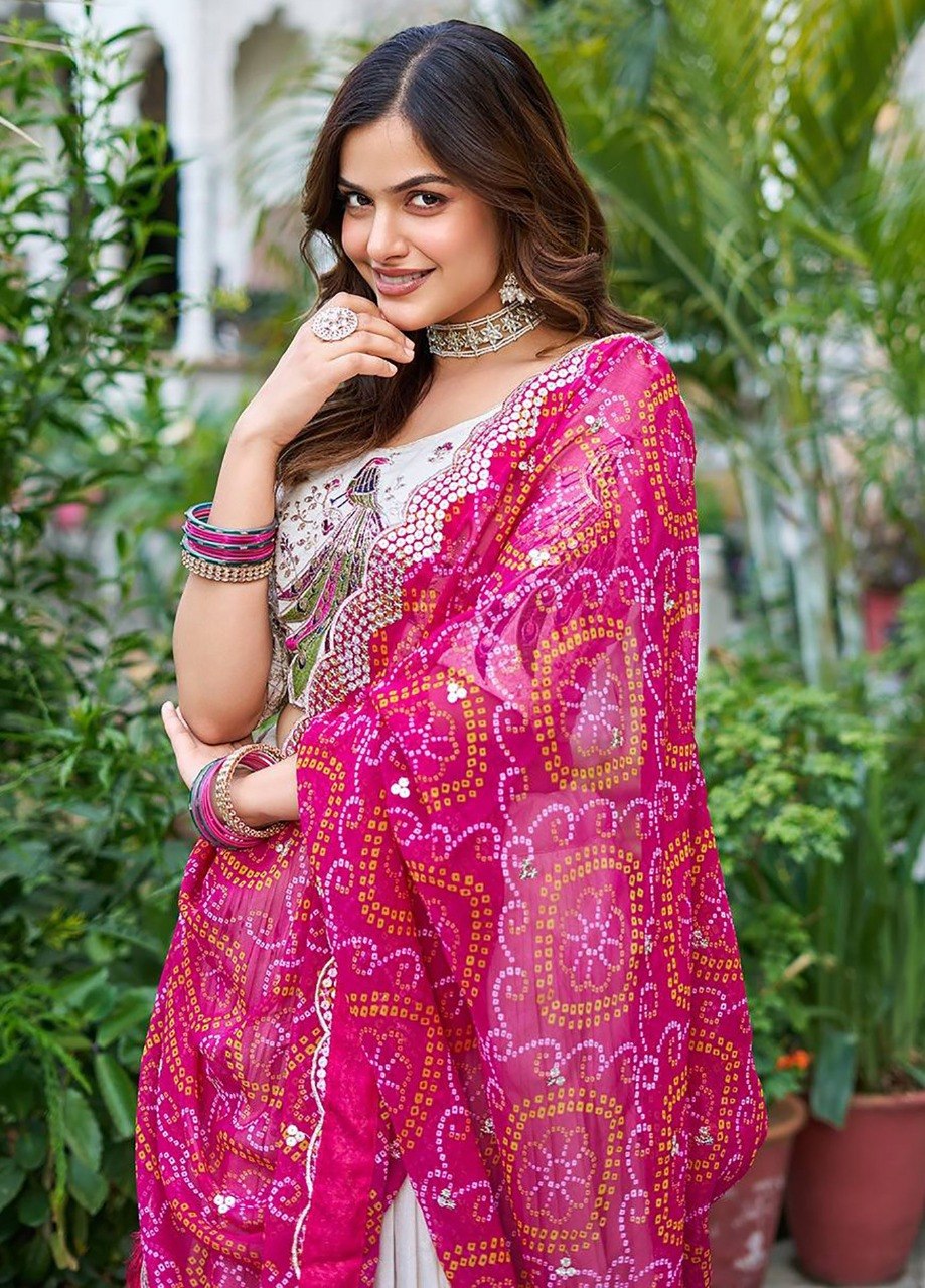 Women's White Chinon Embroidered Semi-Stitched Lehenga Choli with Georgette Dupatta