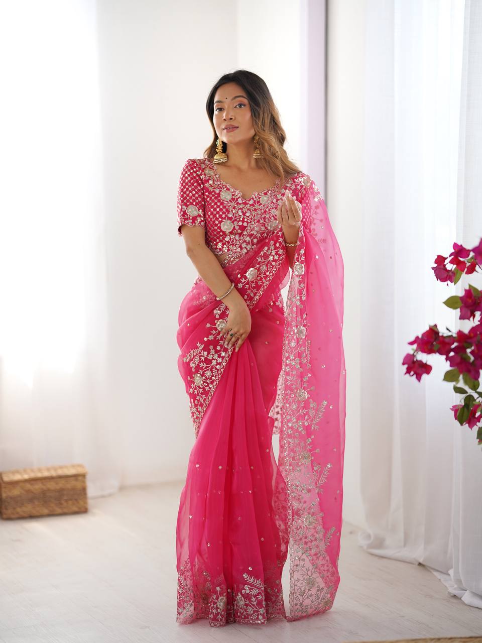 Women's Organza Silk Embroidered Saree with Unstitched Blouse