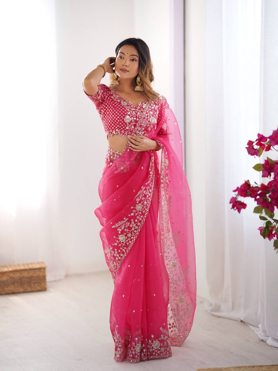 Women's Organza Silk Embroidered Saree with Unstitched Blouse