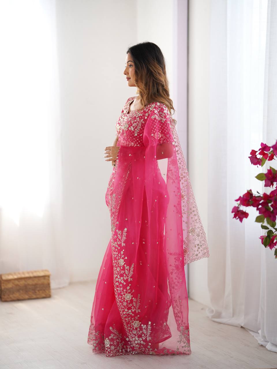 Women's Organza Silk Embroidered Saree with Unstitched Blouse